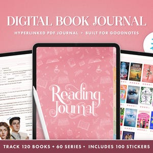 May include: A pink digital book journal with the text "Reading Journal" in white. The journal is designed for Goodnotes and includes 120 book tracking pages, 60 series tracking pages, and 100 stickers.