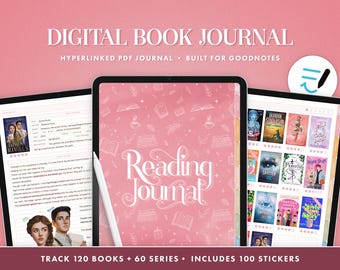 May include: A pink digital book journal with the text "Reading Journal" in white. The journal is designed for Goodnotes and includes 120 book tracking pages, 60 series tracking pages, and 100 stickers.