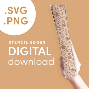 Puede incluir: Gráfico de descarga digital con el texto ".SVG .PNG STENCIL EDGES DIGITAL download". La imagen muestra un diseño floral en tonos marrones. El diseño está en un objeto rectangular sostenido por una persona.