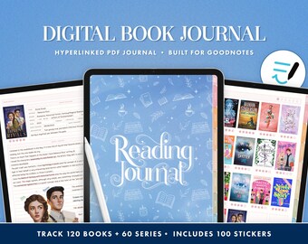 May include: A digital book journal for the Goodnotes app with a blue background and white illustrations of books, coffee cups, and typewriters. The text "Reading Journal" is written in a decorative font. The journal includes 120 book tracking pages, 60 series tracking pages, and 100 stickers.