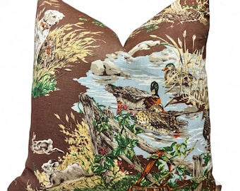 Schumacher Dog and Duck Pillow Cover: Brown Linen Hunting Scene