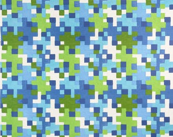 Thibaut Pixel Fabric: Geometric Cotton Linen Print. 2 yard minimum