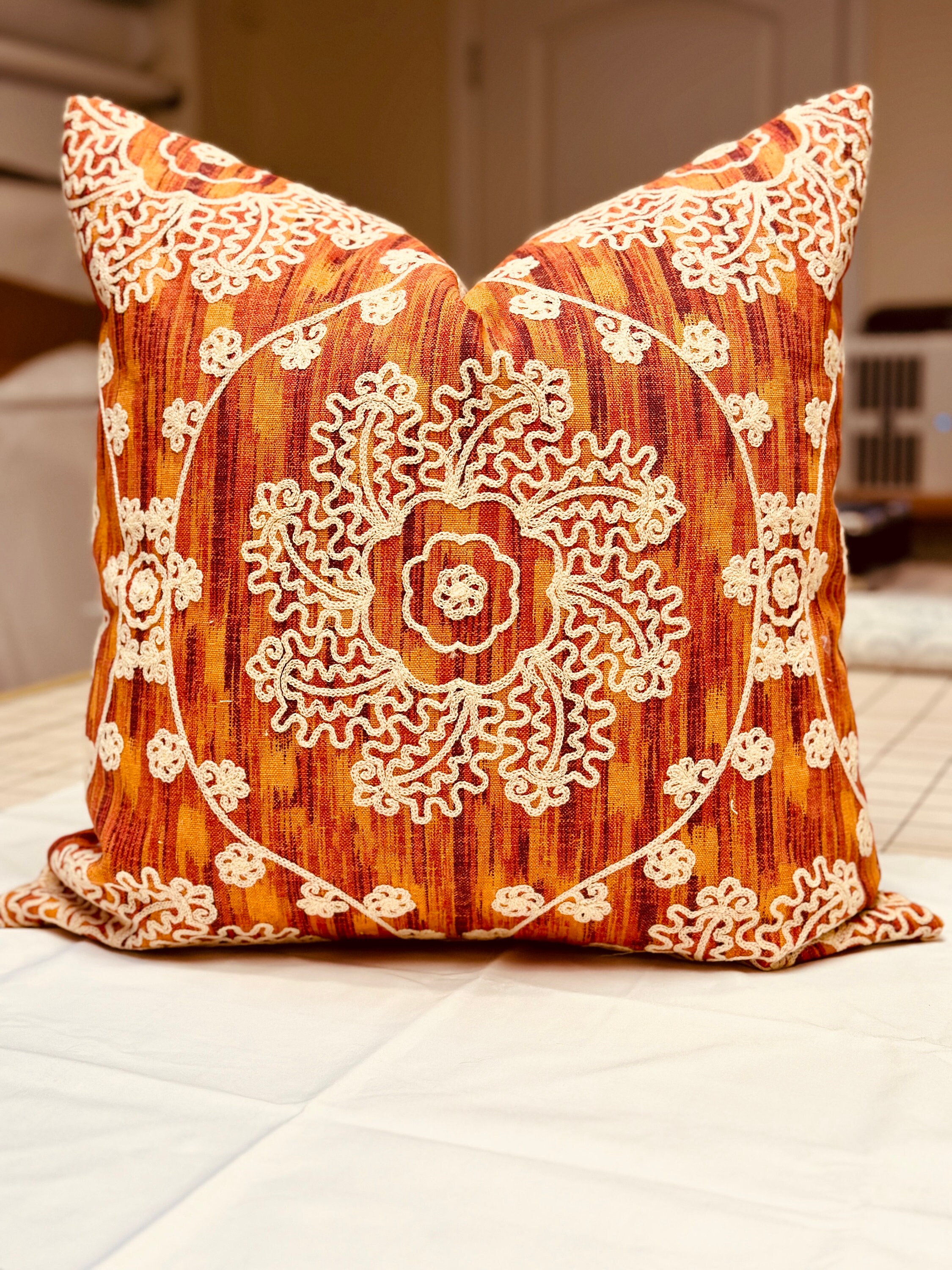 Ready to Ship Sunset Orange Embroidered Pillow cover