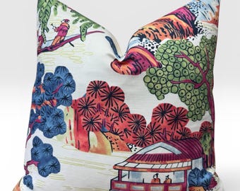 Thibaut Asian Scenic Pillow Cover in Coral and Green