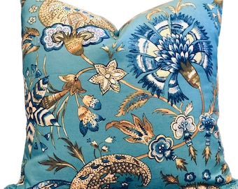 Funda de almohada Williamsburg Peacock: Cojín decorativo de lino con flores turquesas