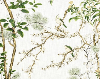 Thibaut Katsura fabric by the Yard, Leaves, blossoms and birds, Botanical high end print, 2 yd minimum