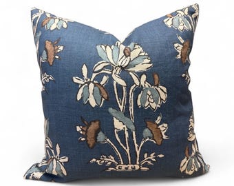 Thibaut Water Lily Pillow Cover in Navy, Designer pillow, Linen Blend Floral Print