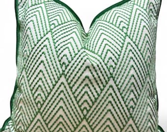 Schumacher Avila Embroidery Pillow Cover: Green Diamond Chevron, Velvet Piping
