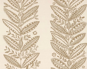 May include: A beige fabric with a repeating pattern of brown stylized leaves and branches. The pattern is vertical and creates a striped effect.