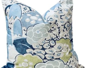 Anna French Floral Pillow Cover: Blue Citrus Linen Blend