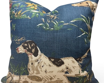 Schumacher Pointers Linen Pillow Cover: Indigo Hunting Dog Design