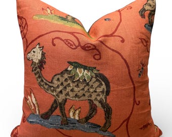 Funda de almohada Schumacher La Ménagerie / Lino rojo fuego, estampado animal