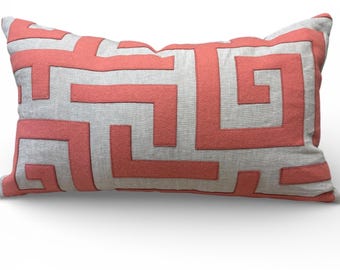 Thibaut Tulum Appliqué Custom Pillow Cover in Coral | Both Sides | Designer Home Decor