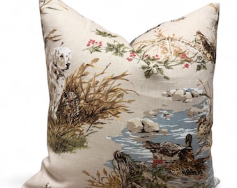 Schumacher Dog and Duck Pillow Cover: Alabaster Linen Hunting Scene