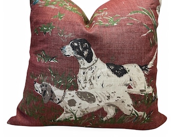 Schumacher Pointers Linen Pillow Cover: Burgundy Hunting Dog Design