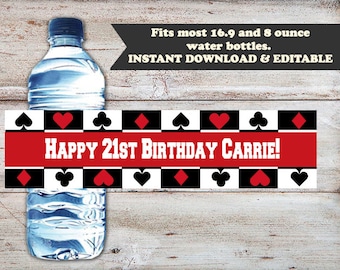 Envoltorios de botellas de agua de póquer, envoltorios de póquer, cumpleaños del casino, favores de cumpleaños número 21, noche de casino, noche de póquer, EDITABLE, DESCARGA INSTANTÁNEA