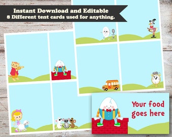 Tarjetas de tienda de rima infantil, tarjetas de tienda de campaña de madre ganso, baby shower de rima infantil, cumpleaños de rima infantil, tarjetas de tienda de comida editables