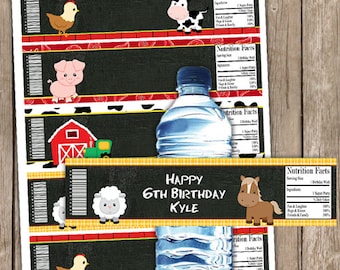 Envoltorios de botellas de agua de pizarra de animales de granja EDITABLES DESCARGA INSTANTÁNEA