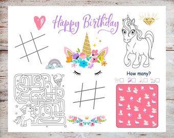 Tapete de lugar de actividad de unicornio, hoja de actividades, cumpleaños de unicornio, tapete de lugar de cumpleaños de unicornio, cumpleaños de niña, archivo digital, DESCARGA INSTANTÁNEA
