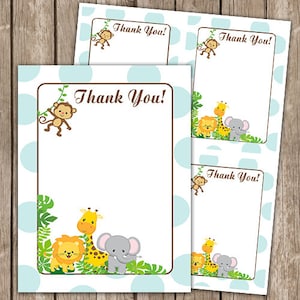 Safari Animals Brown and Blue Thank you Cards Flat INSTANT DOWNLOAD