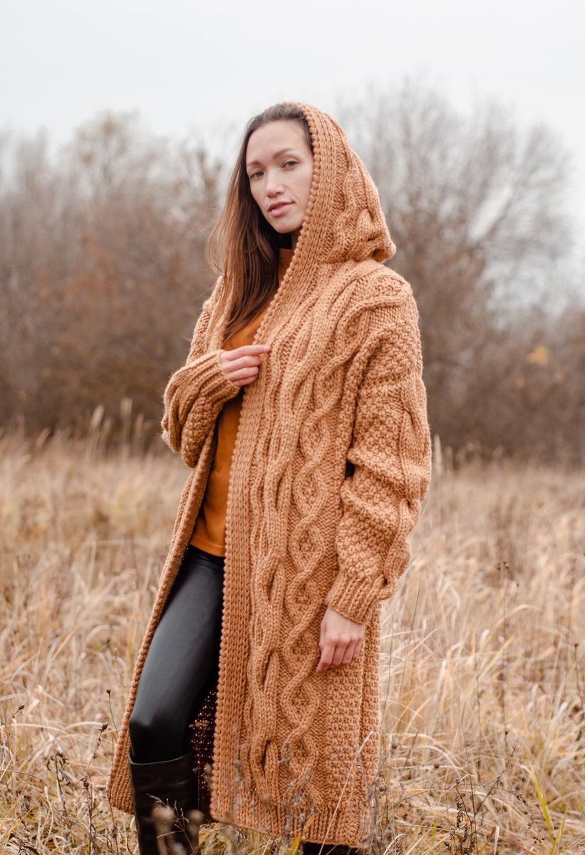 Long cardigan women camel Cable knit wool coat with hood Etsy