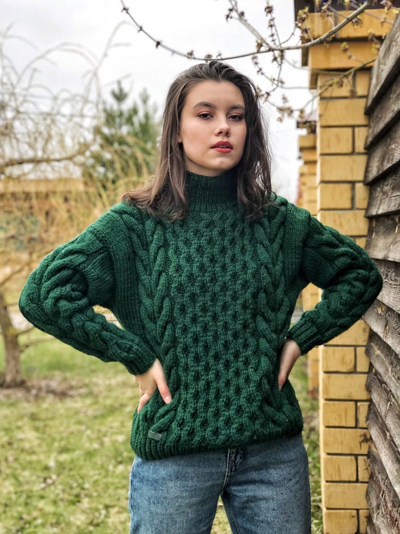 Green sweater military style chunky knit jumper oversized | Etsy