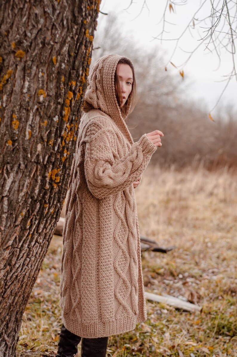 Long beige cardigan with a hood knitted cardigan for women Etsy