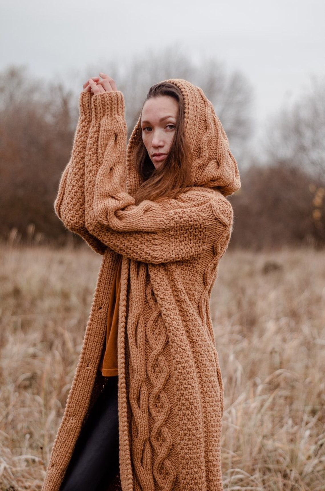 Long cardigan women camel Cable knit wool coat with hood Etsy