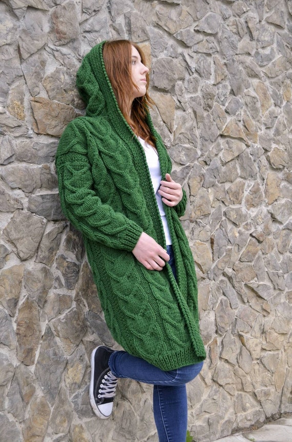 Hand knit cardigan with hooded warm knitted coat green color | Etsy