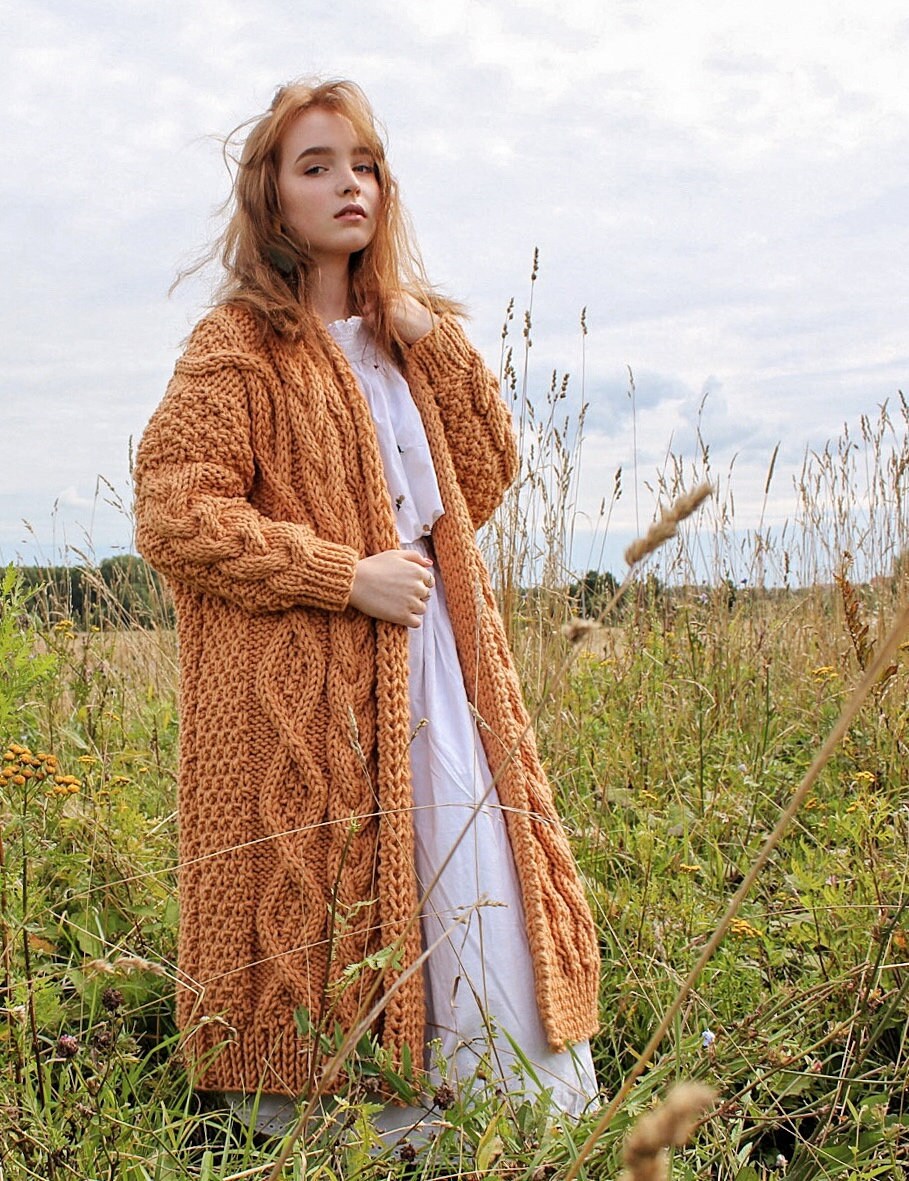 Cardigan maxi cable knit casual style Hand knit long coat Etsy