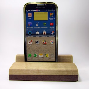 Soporte para teléfono inteligente, soporte para iPhone, soporte para teléfono inteligente de madera recuperada de arce rizado e ipe, soporte para tarjetas de presentación. Soporte para tarjetas de presentación para escritorio