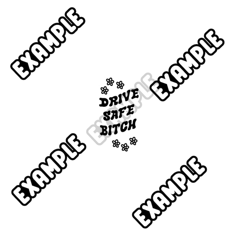 May include: Black and white graphic design with the text "Drive Safe Bitch" surrounded by small flower designs.