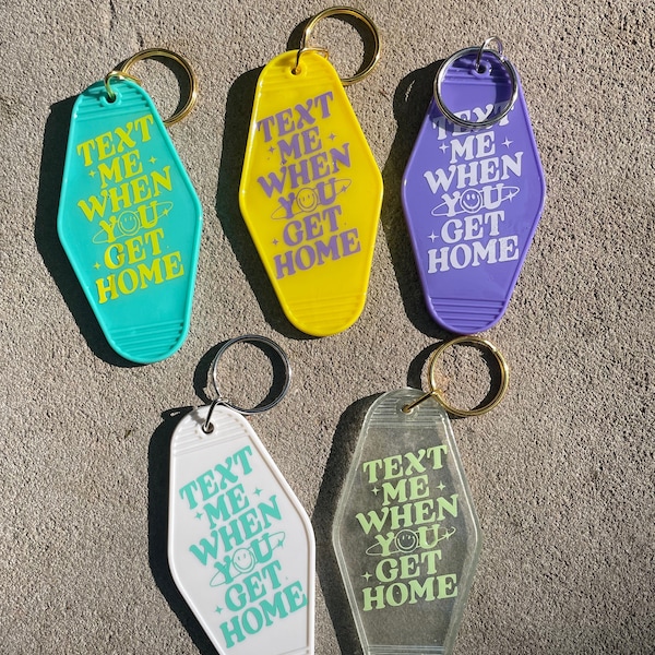 Text me when you get home- colorful retro motel keychains- car accessories- cute friend/couple gift- key fob