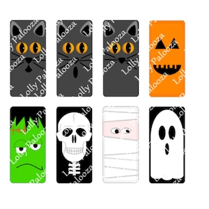 May include: Eight Halloween themed printable stickers featuring a black cat, a pumpkin, Frankenstein, a skull, a mummy, and a ghost. The stickers are black and white with orange, green, and pink accents.