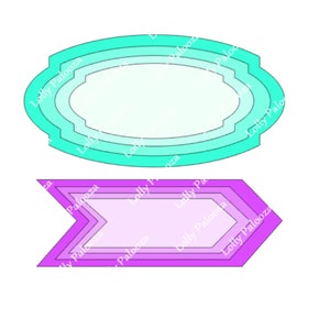 May include: Set of five layered die cuts in turquoise and purple. The top layer is a rounded rectangle with rounded corners. The bottom layer is a pointed rectangle with rounded corners. Both shapes have the text "Lolly Palooza" repeated around the edges.