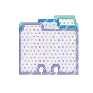 Può includere: Un set di quattro cartelle colorate con un motivo a pois. Le cartelle sono sovrapposte e hanno un design a linguette. Il testo "Lolly Palooza" è ripetuto su ogni cartella.