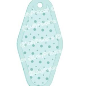May include: A light blue, teardrop-shaped tag with a small hole at the top. The tag features a dotted pattern in a darker shade of blue. The tag has a double border, with a lighter blue outline.