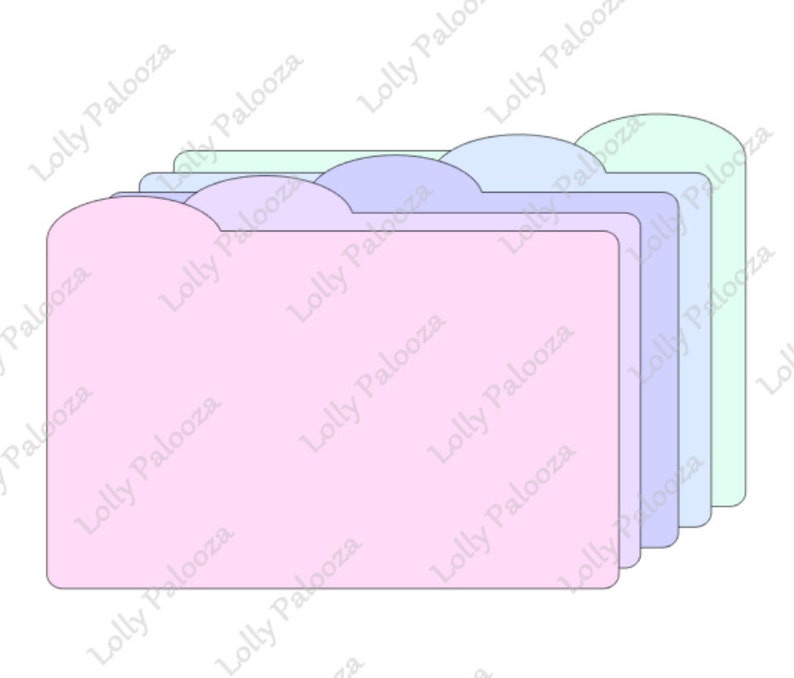 May include: Five colorful file folders with rounded edges and a scalloped top. The folders are stacked on top of each other, with the largest folder on the bottom and the smallest folder on top. The folders are pink, light blue, lavender, and light green.