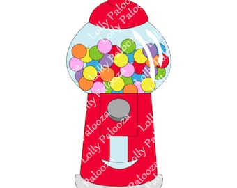May include: A red gumball machine illustration with a clear, bubble-shaped top filled with colorful gumballs. The machine has a silver coin slot and a smiling face design. The text "Lolly Palooza" is repeated on the image.