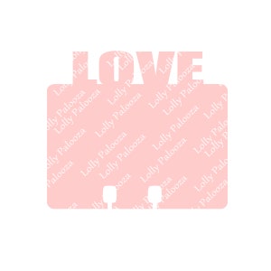 May include: A pink background with the word "LOVE" in white letters. The background is covered in a repeating pattern of the words "Lolly Palooza".