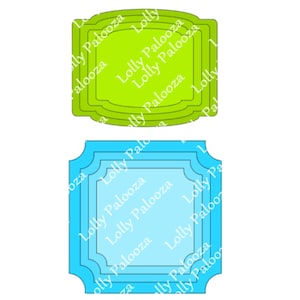 Puede incluir: Cuatro marcos cuadrados superpuestos en verde y azul con el texto "Lolly Palooza" repetido alrededor de los bordes.