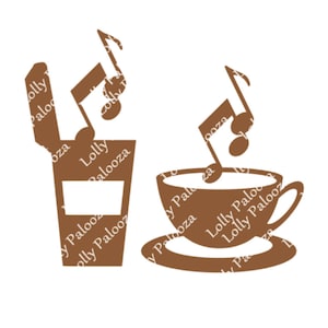 May include: A brown silhouette of a coffee cup with a musical note rising from it. Next to it is a brown silhouette of a cup with a lid open and a musical note rising from it.