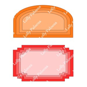 Könnte beinhalten: Ein Satz von vier übereinanderliegenden, rechteckigen und gewölbten Rahmen in Orange und Rot mit dem Text "Lolly Palooza", der auf jedem Rahmen wiederholt wird.