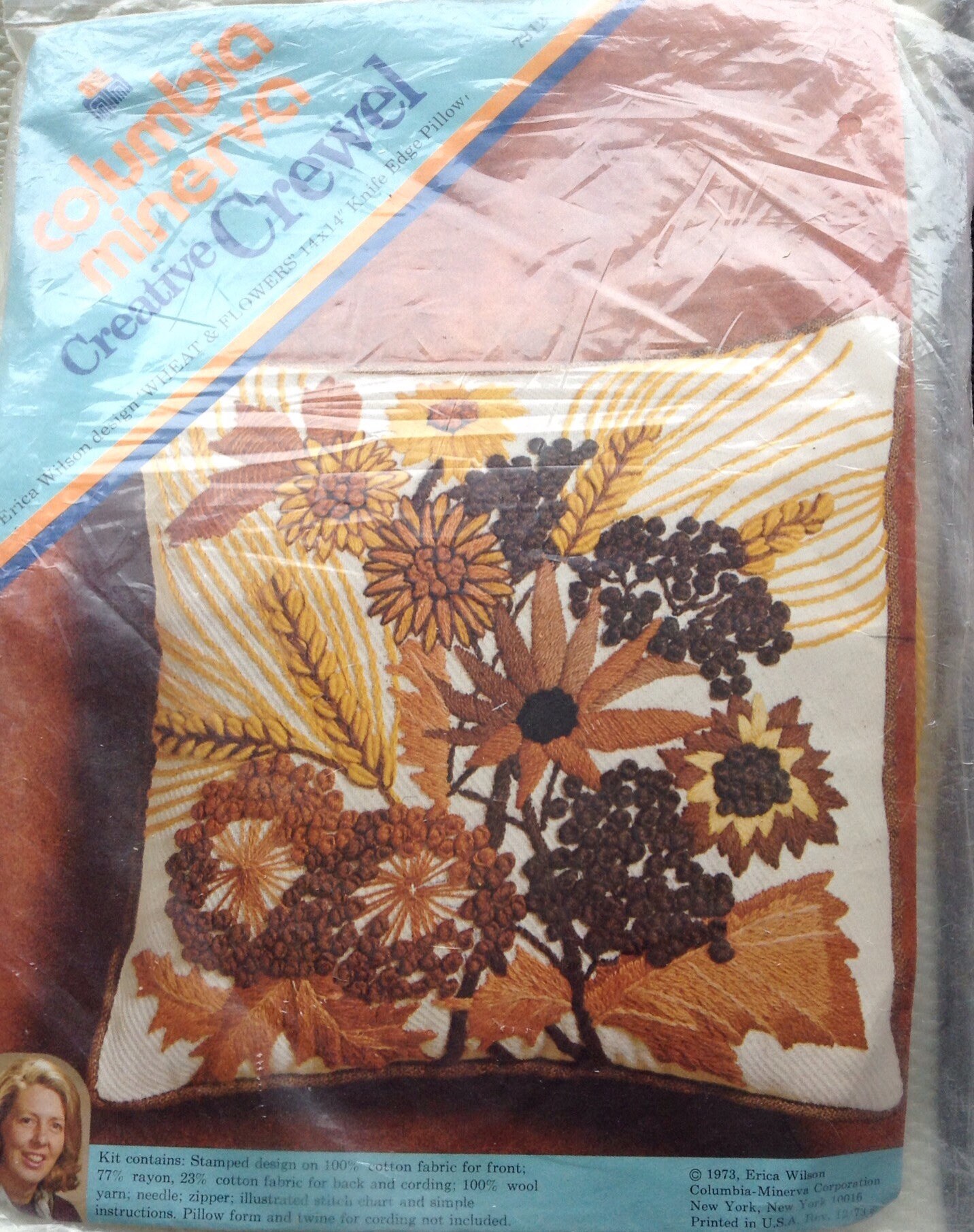 Wheat And Flowers Crewel Embroidery Pillow Craft Kit