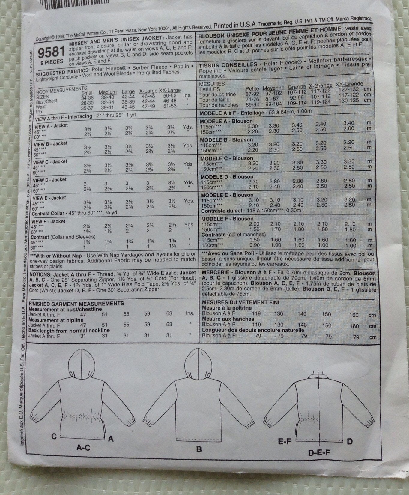 Mens or womens polar fleece hooded jackets McCalls sewing pattern