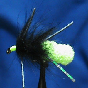 May include: A black and green fly fishing lure with a green foam body and black feathers.
