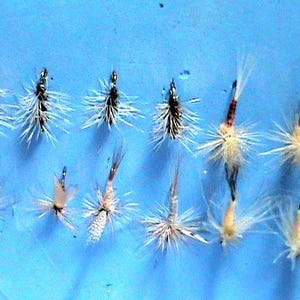 May include: An assortment of fishing flies, each with a unique design. The flies feature various colors, including white, black, and tan, with intricate feather and thread details. They are arranged against a solid blue background.