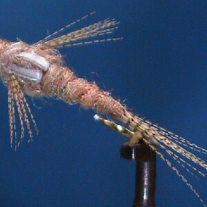 May include: A tan and brown fly fishing lure with white accents and a gold hook.