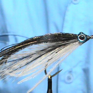 Op de afbeelding: Een zwart-witte vliegvislure met een blauw oog en een zilveren haak. De lure is gebonden met veren en is ontworpen om op een kleine vis te lijken.