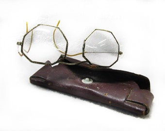 Antique eye glasses with case -Vintage Wire Eye wear Spectacles- -Hexagon Rimless Eyeglasses Gold tone Metal Frames Art Deco Circa 1930's #3